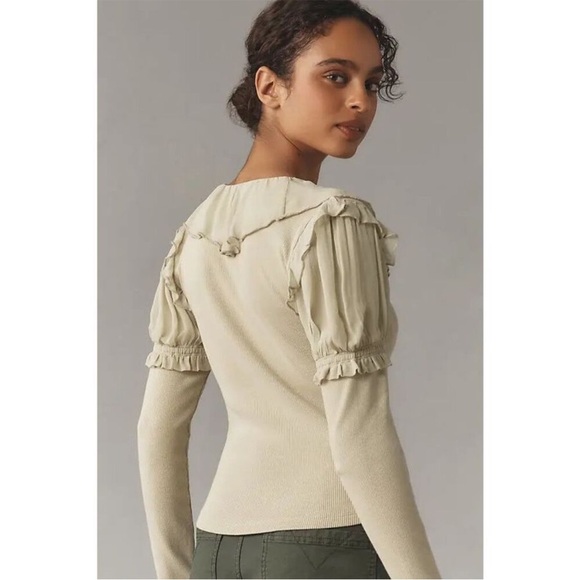 Anthropologie Long-Sleeve Ruffle Top In Green Size XS - Picture 3 of 5